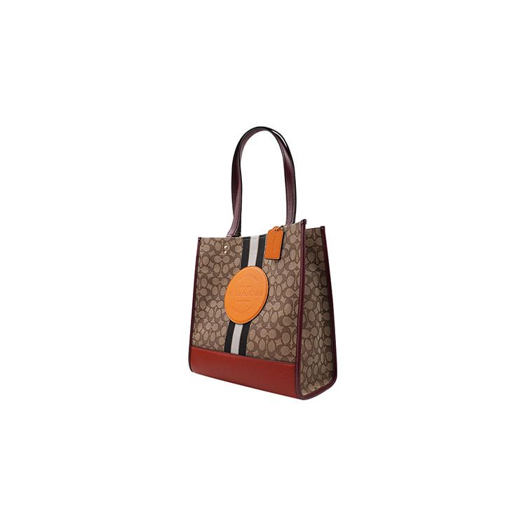 Coach Dempsey 30 Monogram Stripe Logo Decor Vertical Fabric And Leather Tote Bag Women Tote Bags Red-Orange Brown 1917-IMQZV