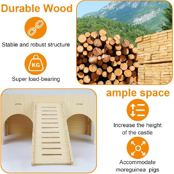 Large Guinea Pig Hideout, Upgraded Wooden Guinea Pig Castle with Guinea Pig Ramp, Easy To Assemble Guinea Pig House for Small Animal House Habitat or