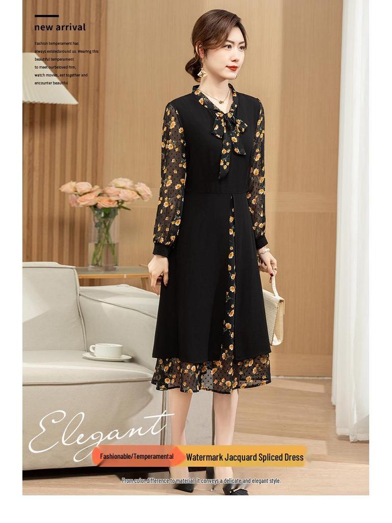 Elegant Floral Ruffle Collar Midi Dress - Long-Sleeve, Fake Two-Piece, Plus Size, Spring/Autumn Fashion for Middle-Aged Women