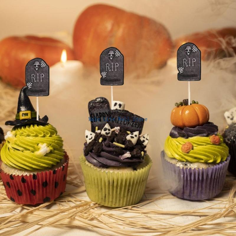 Halloween Baking 48Pcs Tombstones Cupcake Toppers Graveyard Decoration With Novelty Shovel Spoons For Parties