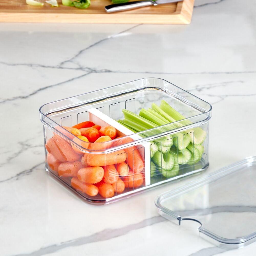 Modular Stackable Food Storage Bin Clear BPA-free with Adjustable Dividers Pantry Refrigerator Organization