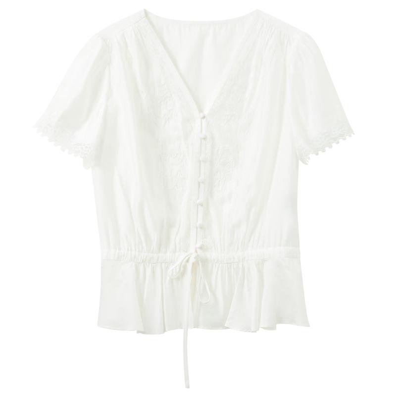 

SanCai 2026 Summer V-Neck Embroidered Lace Short Sleeve Blouse S