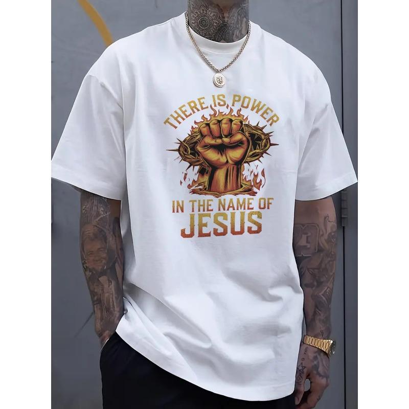 European sizes There is Power in the Name of Jesus Graphic T-Shirt for Men - Religious Christian Tee with Fist Design
