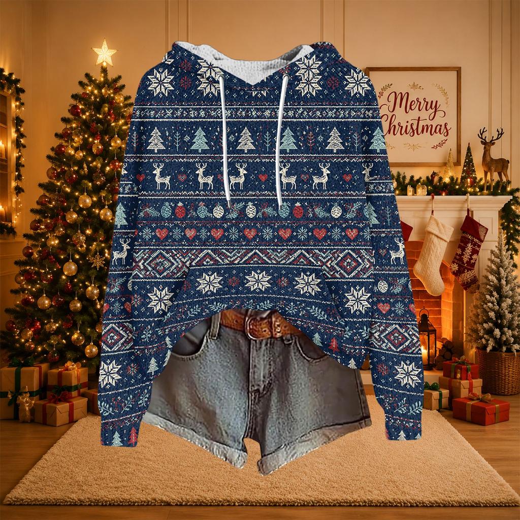 Women's Casual Long Sleeve Hooded Knit Sweatshirt with Christmas Print Pullover Top