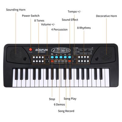 BIGFUN 37 Keys USB Electronic Organ Kids Electric Piano with Microphone Black Digital Music