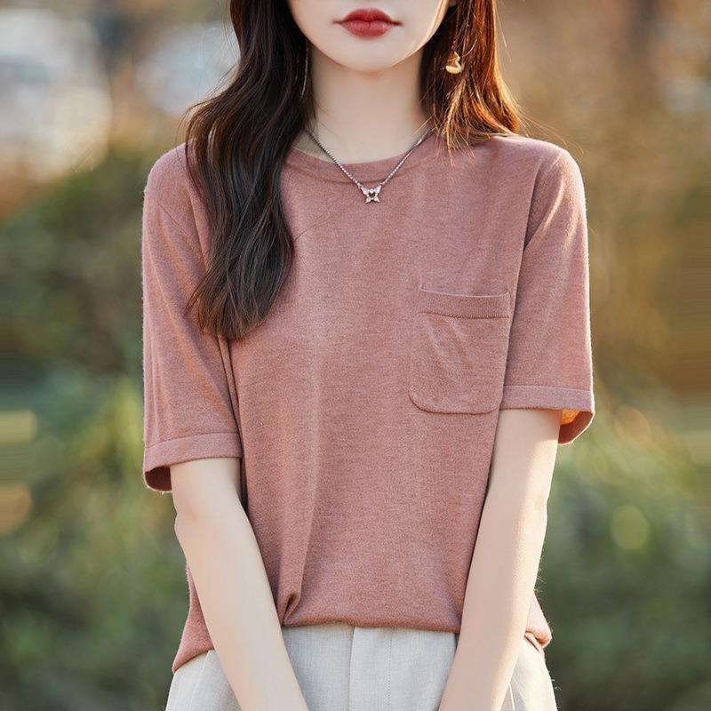 Summer Breathable Short-sleeved Women's Round Neck Pocket T-shirt Half-sleeved Bottoming Shirt