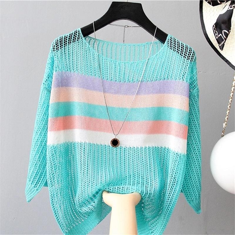 

Rainbow Striped Top Hollow Crew Neck Short Sleeve T-Shirt Women s Summer Loose Lazy Top Casual Fashion Large Size One Size