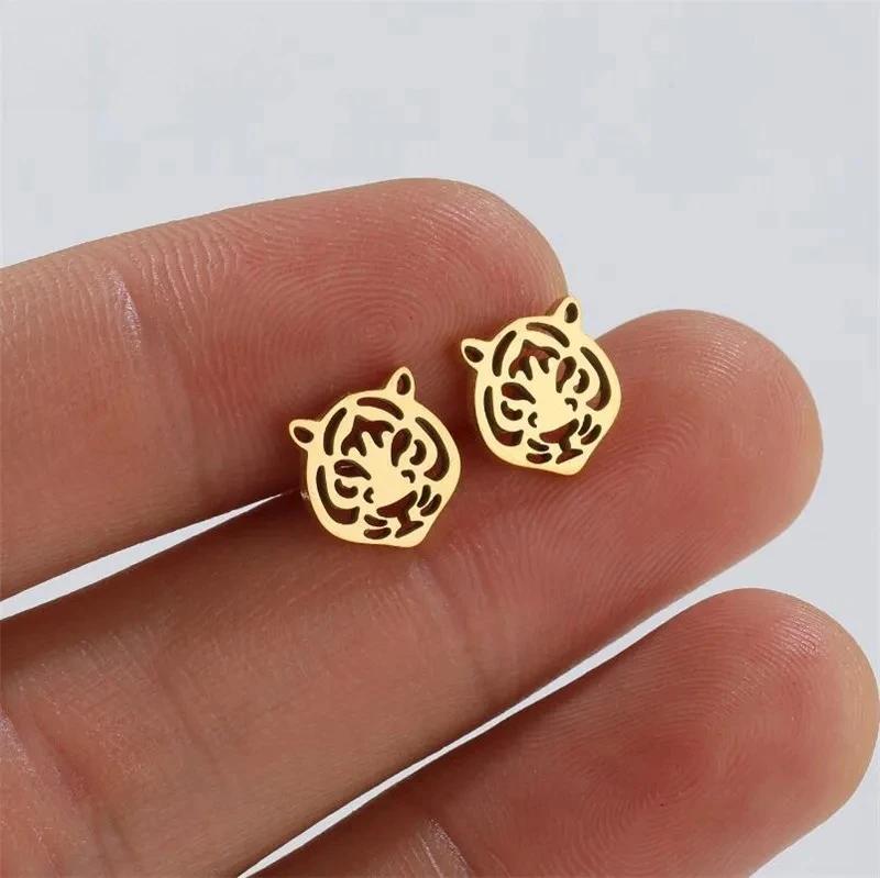 2026 New Stainless Steel Tiger Stud Earrings for Men and Women, Vintage Hollow Animal Head Earrings, Hypoallergenic Gold Tone Fashion