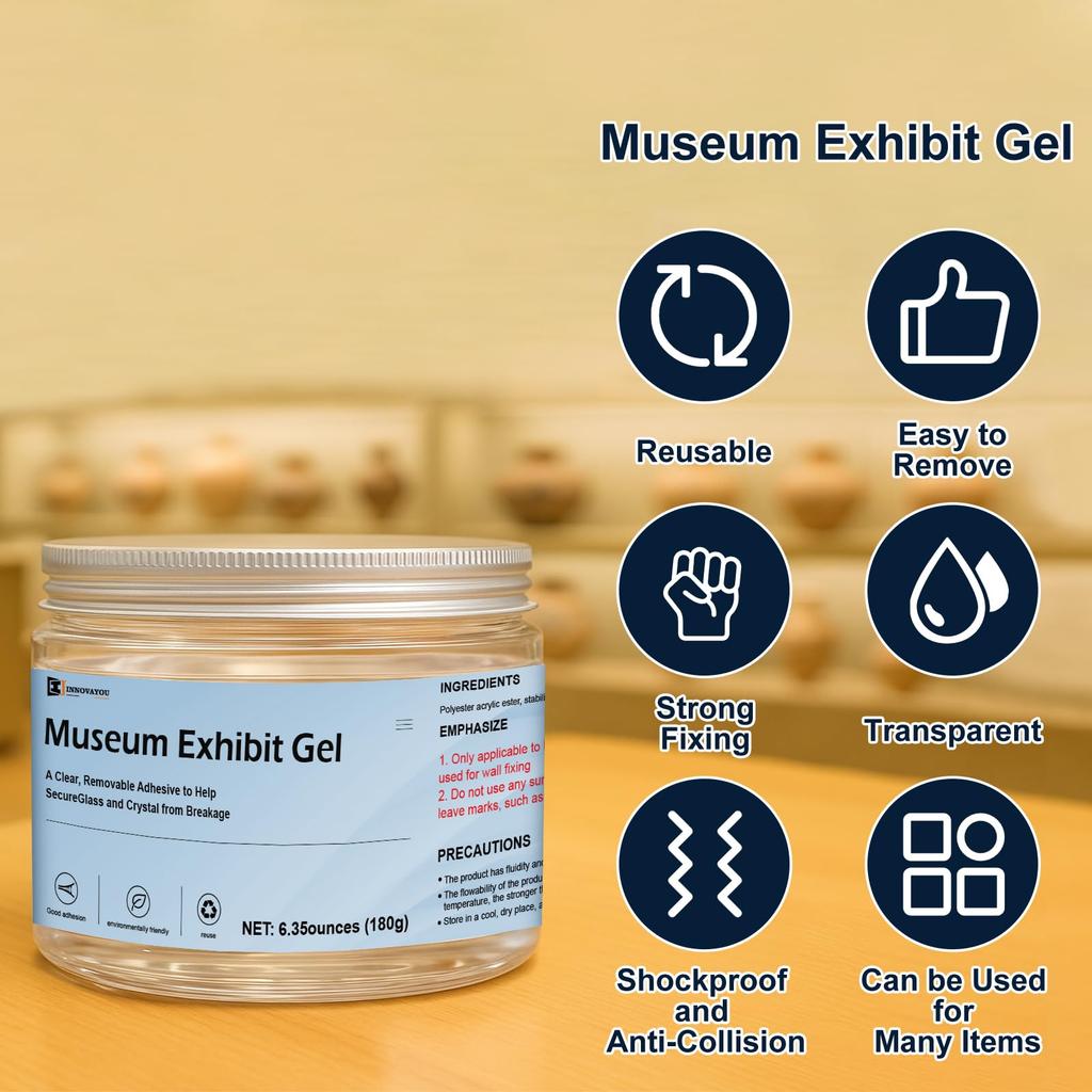 INNOVAYOU 180g Museum Gel, a reusable clear wax that can be peeled off and used for collections, antique glass, ceramics, and art and craft projects.