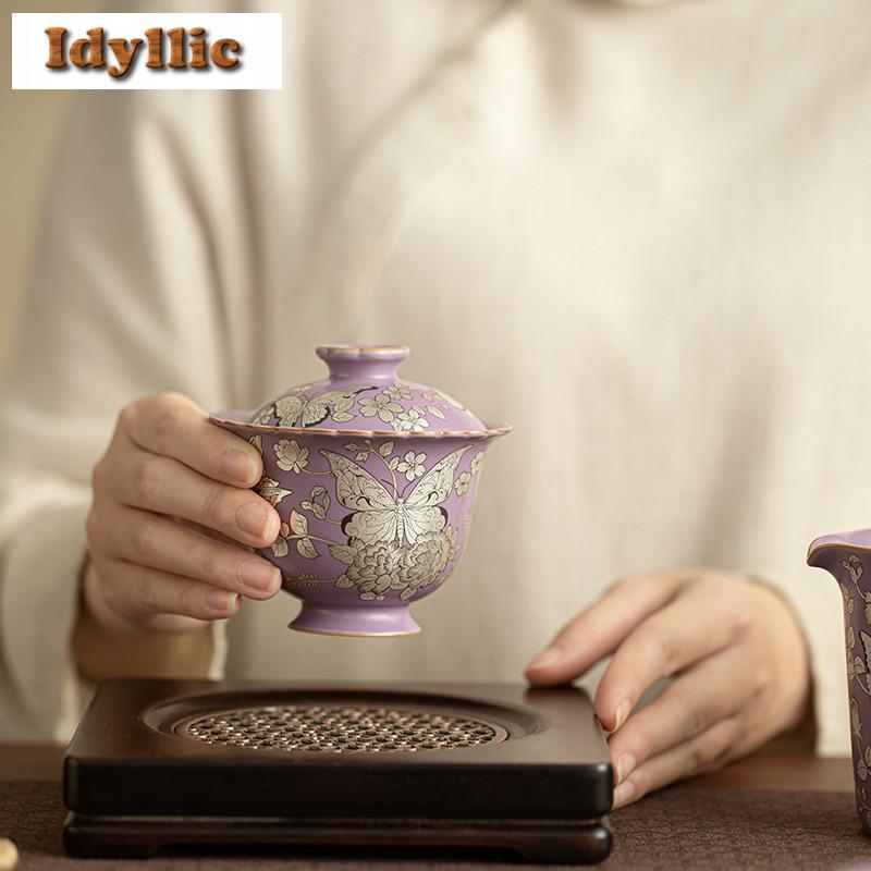 120ml Ru Kiln Gilt Silver Butterfly Gaiwan Ancient Tea Tureen Tea Bowl With Lid Kit Tea Making Cover Bowl Teaware Decoration