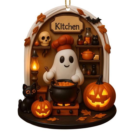 Halloween Ghost Ornament Acrylic Ghost-Themed Reading Cooking Painting Ornament Tree Hanging Decoration for Indoor Home Decor