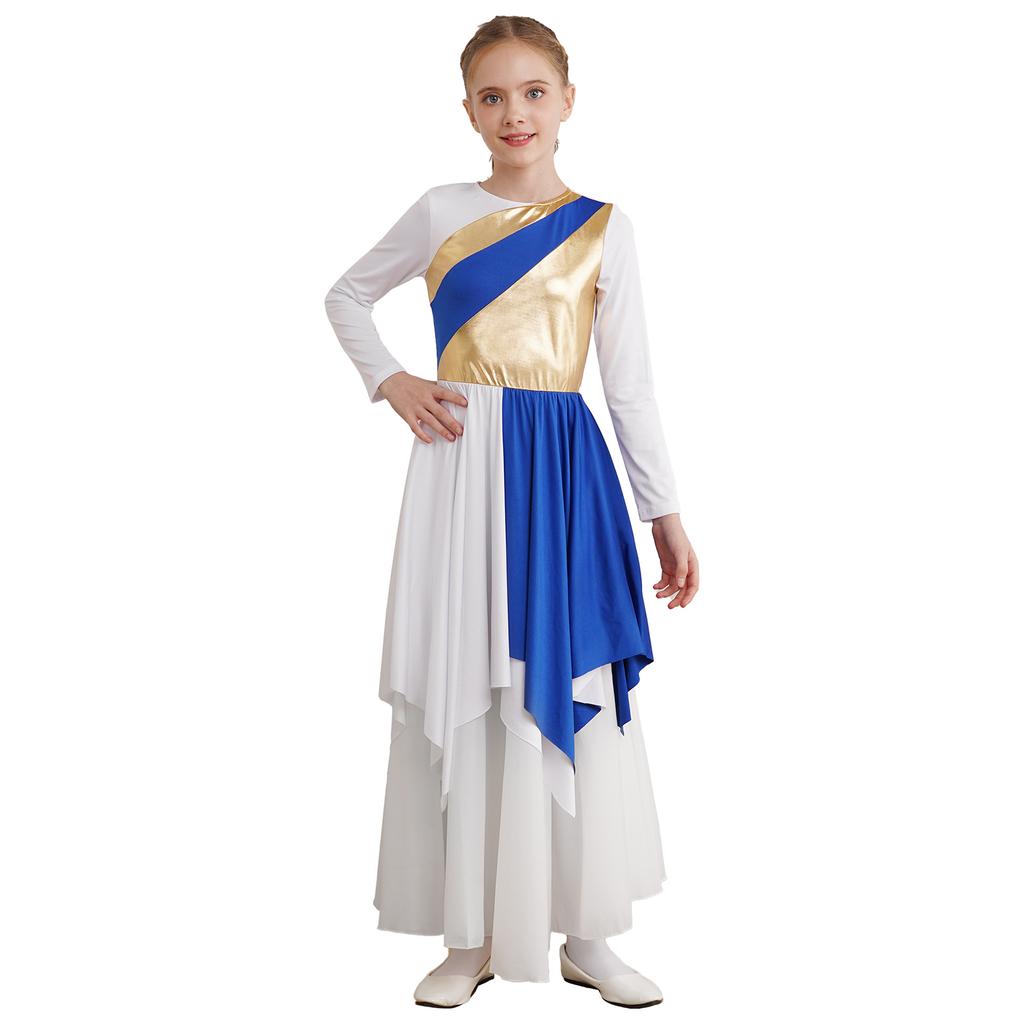 Girls Worship Dance Outfit Lyrical Performance Costume Set Metallic Asymmetrical Dress and Long Sleeve Wide Leg Pants