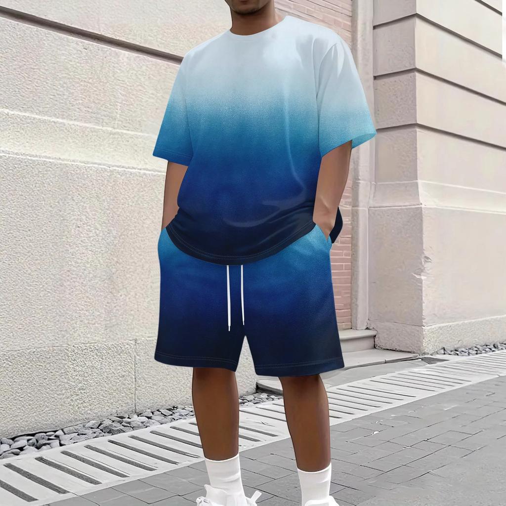Men's Gradient Print Casual Short Sleeve Crew Neck Top with Matching Shorts Set Summer Outfit Comfortable Fit Lightweight Fabric