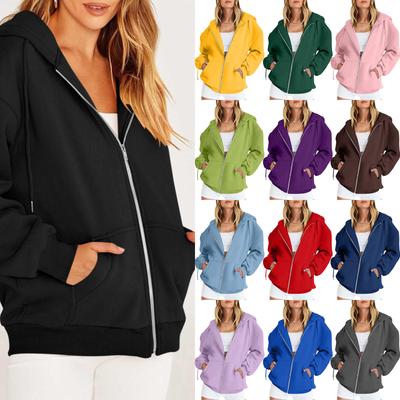 Women's Casual Fashion Solid Color Long Sleeved Zippered Hooded Sweatshirt