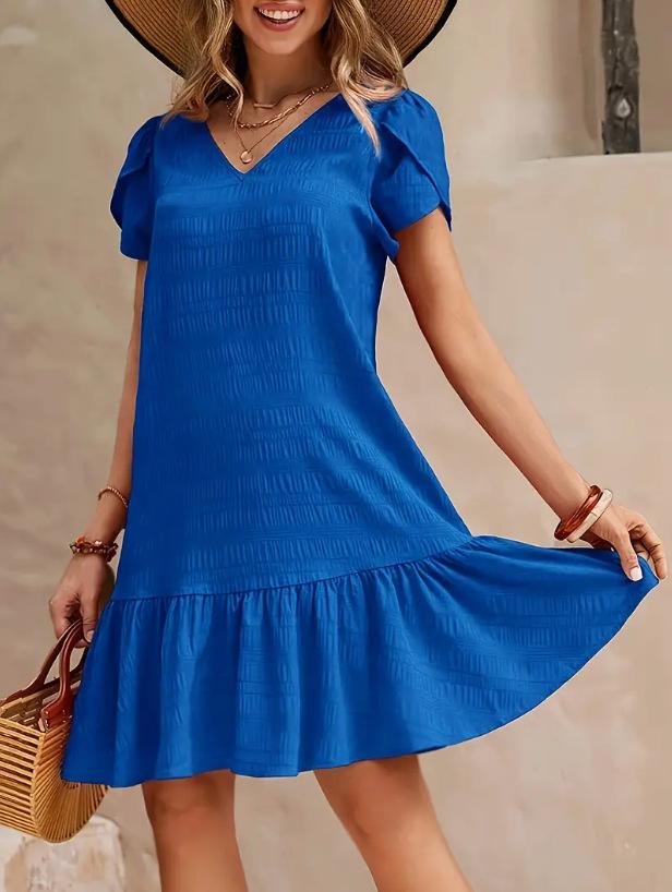 V-neck solid color loose dress casual short-sleeved dress