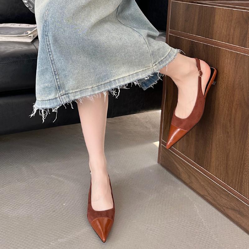 Elegant Splicing Brand Designer Sandals Women Sexy Pointed Toe Low Heel Pumps Fashion Satin Buckle Slingback Heels Zaptos Mujer