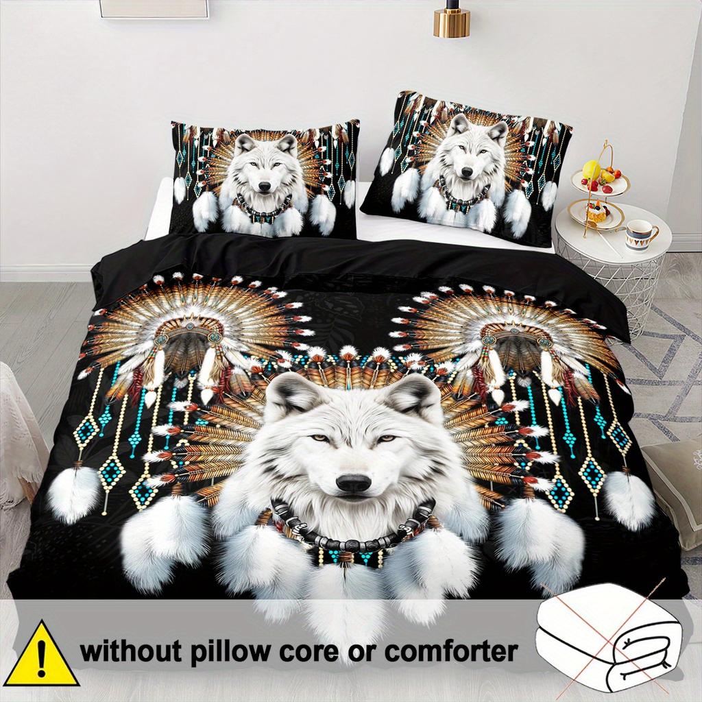 3pcs Soft Comfortable Wolf Duvet Cover Sets King Western Tribe Wolf Bedding Set Animal Print Duvet Cover Sets for Bedroom