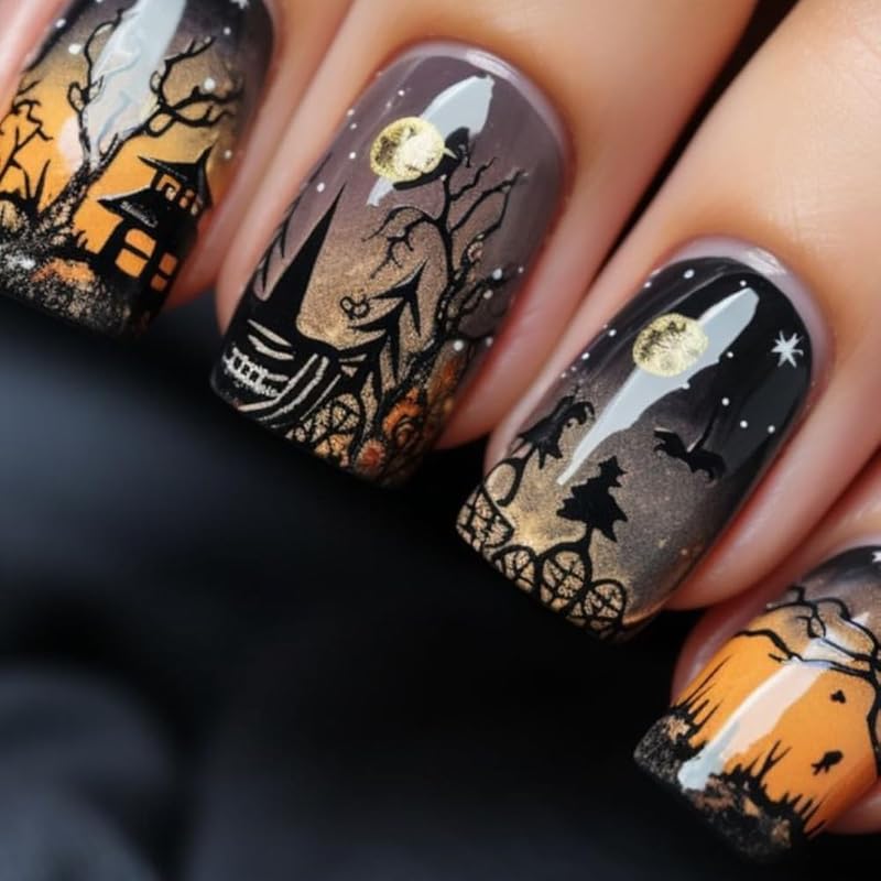 Press on Nails Halloween Square French Tip Fake Nails Mummy and Cobweb Designs Stick on Nail Nude Color Acrylic Nail Halloween Glue on Nails Full