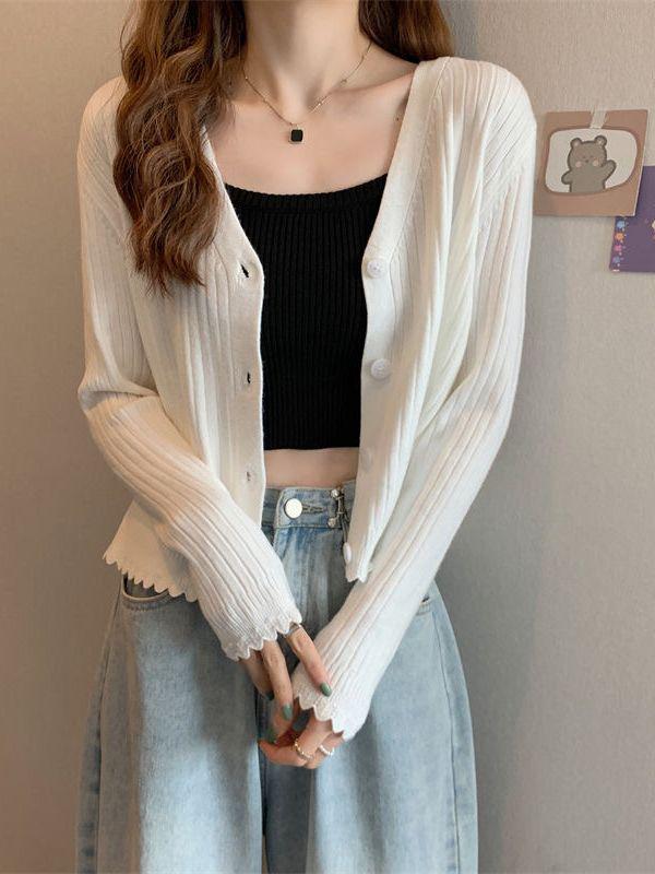 Women's Slim Fit Rib-Knit V-Neck Cardigan – Autumn Long-Sleeve Outerwear