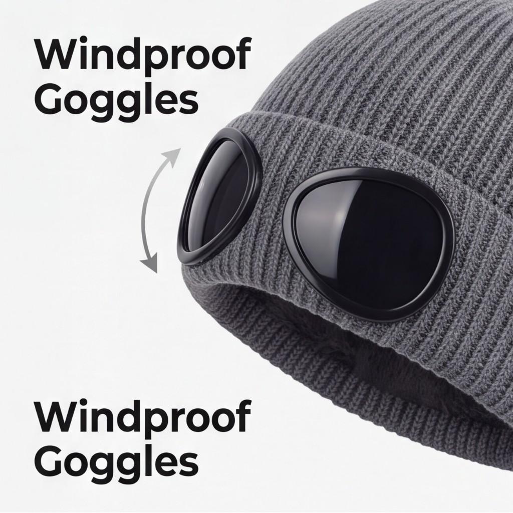 Unisex Goggle Knitted Beanie Hat with Removable Glasses Thick Fleece Lined Windproof Warm Winter Skull Cap for Outdoor Skiing Snowboarding