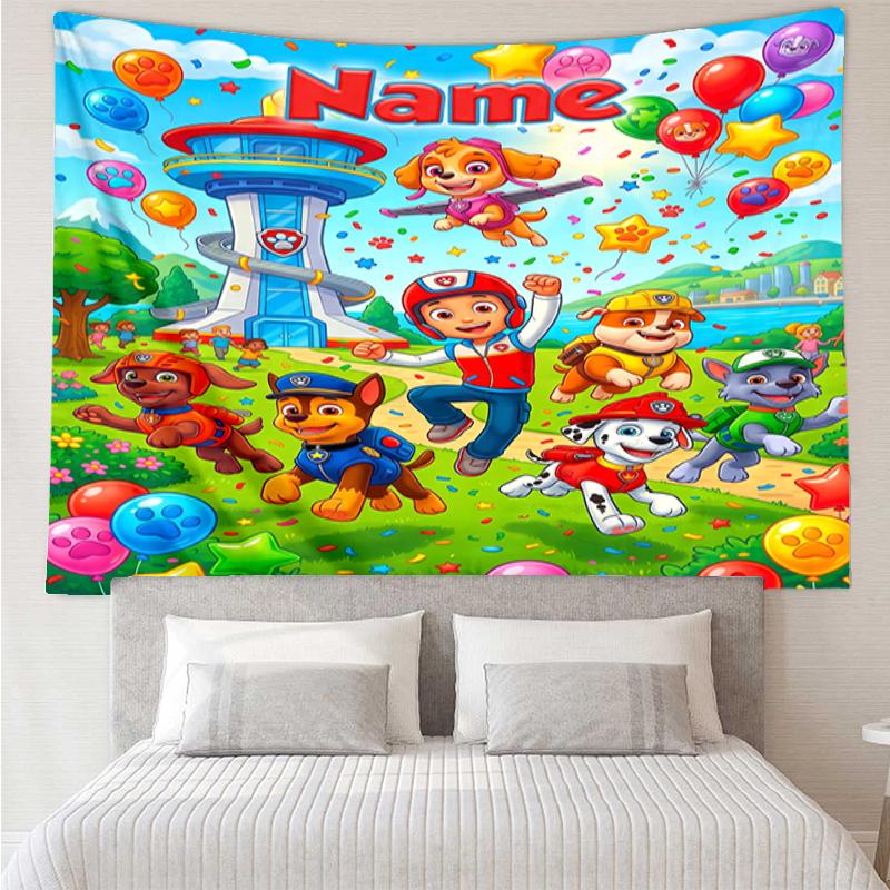 Custom Name PAW Patrol Print Tapestry, Backdrop, Easy Setup, Ideal for Bedroom, Office & Living Room, with Aesthetic Wall Hanging Decor.