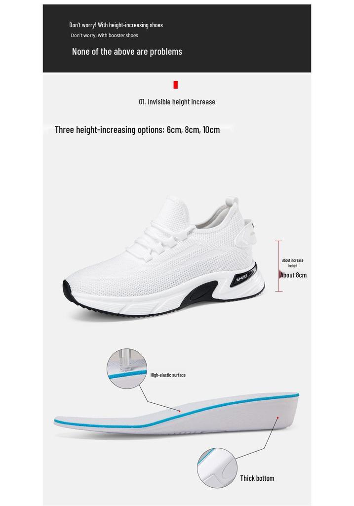 Men's 8CM Hidden Height Flyknit Running Shoes with Thick Platform Sole, Mesh Upper, White.