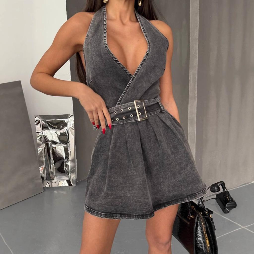 Women's V Neck Sleeveless Loose Fit Midi Dress Casual Denim Belted Backless Dress