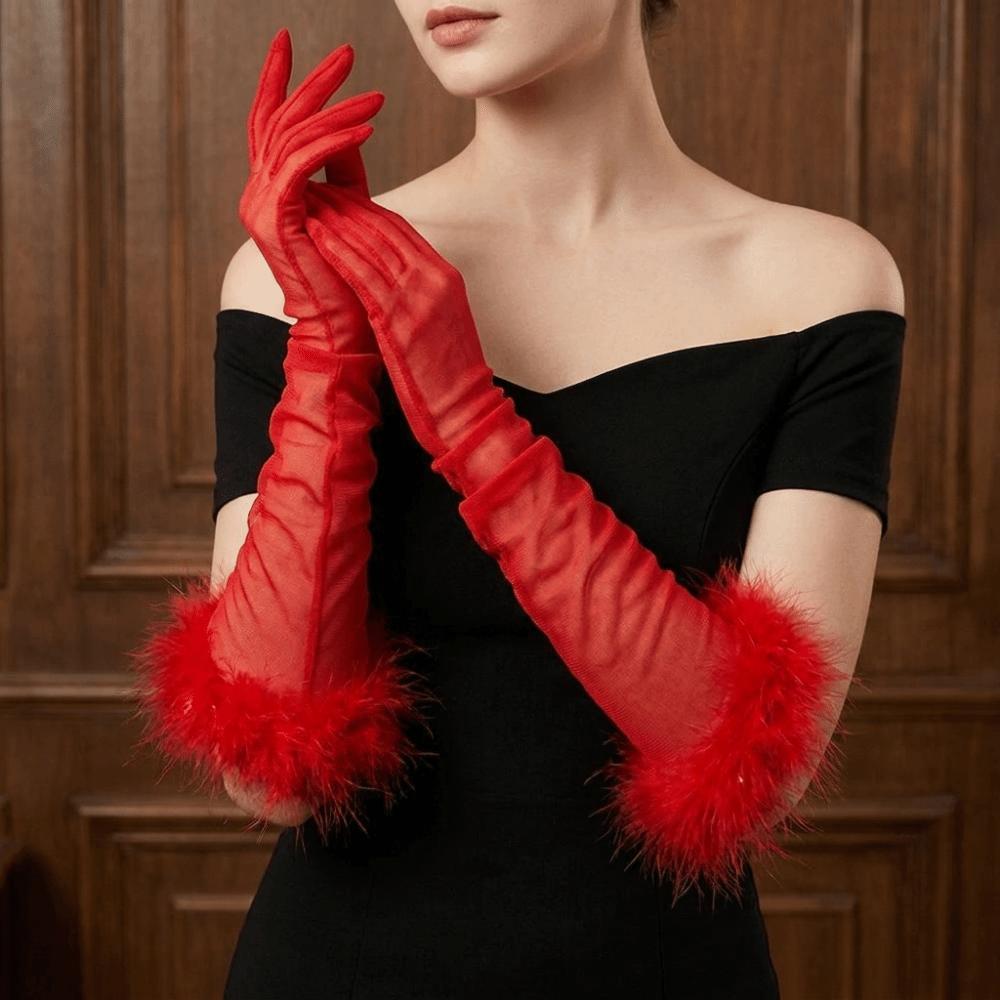 Transparent Feather Gloves Silk Bridal Gown Accessories Slim Long Gloves Wedding