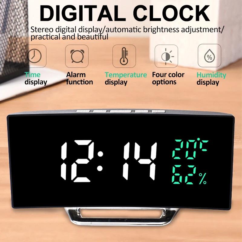 

Digital Alarm Clock Curved LED Screen Mirror Alarm Clock for Bedroom Temperature Humidity Display 3 Alarms 12/24H Snooze Clock