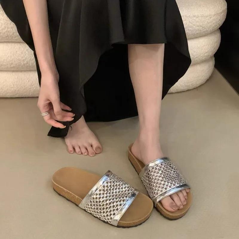 Fashion Women's Rhinestone Vintage Mesh Platform Slip Slipper Summer Fashion Outside Rhinestone Flat Slipper Slipper