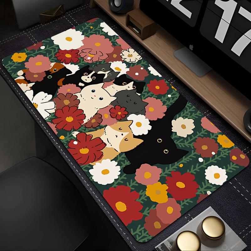 Cute Flowers Black Cat Mouse Pad Computer Anime Mausepad Green Plants XXL Mousepad Kawaii Extended Pad Pc Keyboard Rug Desk Mat