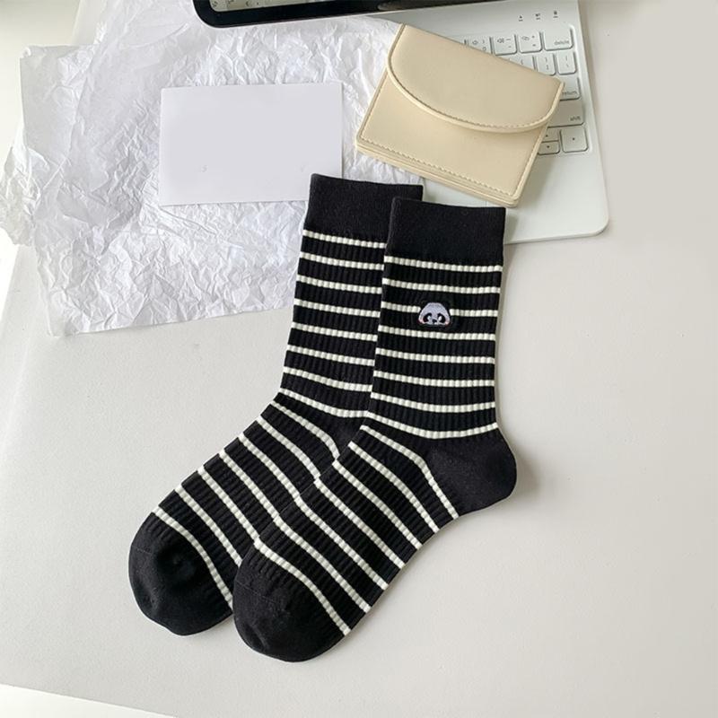 Striped Cotton Crew Socks with Cute Panda Embroidery for Women and Teens Korean Preppy Student Middle Tube Socks Hosiery