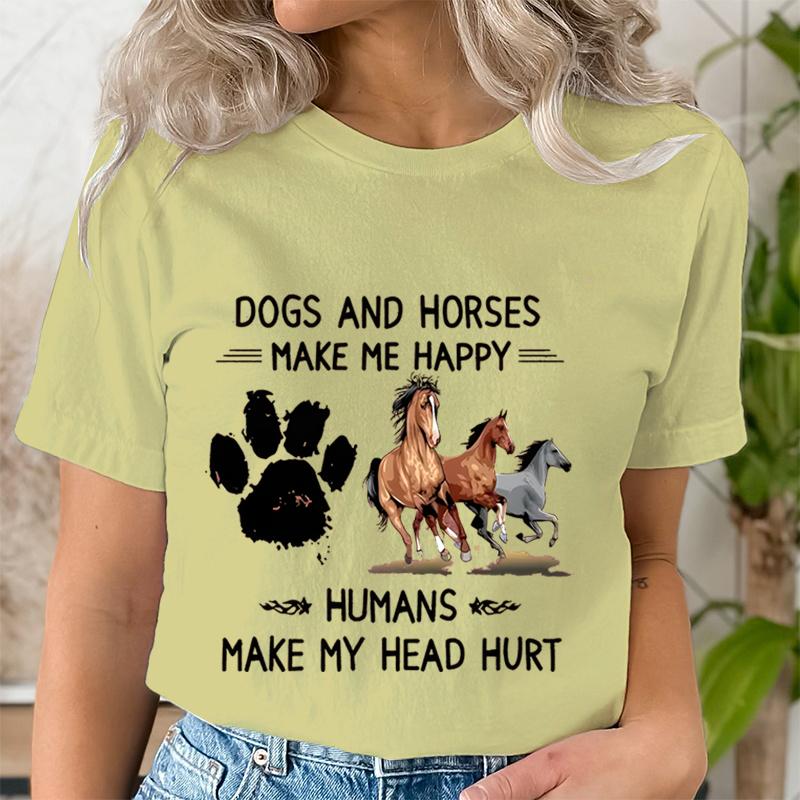 Dog Paw Wild Horses Graphics T Shirt Women Short Sleeve Shirt Dogs and Horses Make Me Happy Print Clothes Summer Female Tshirt