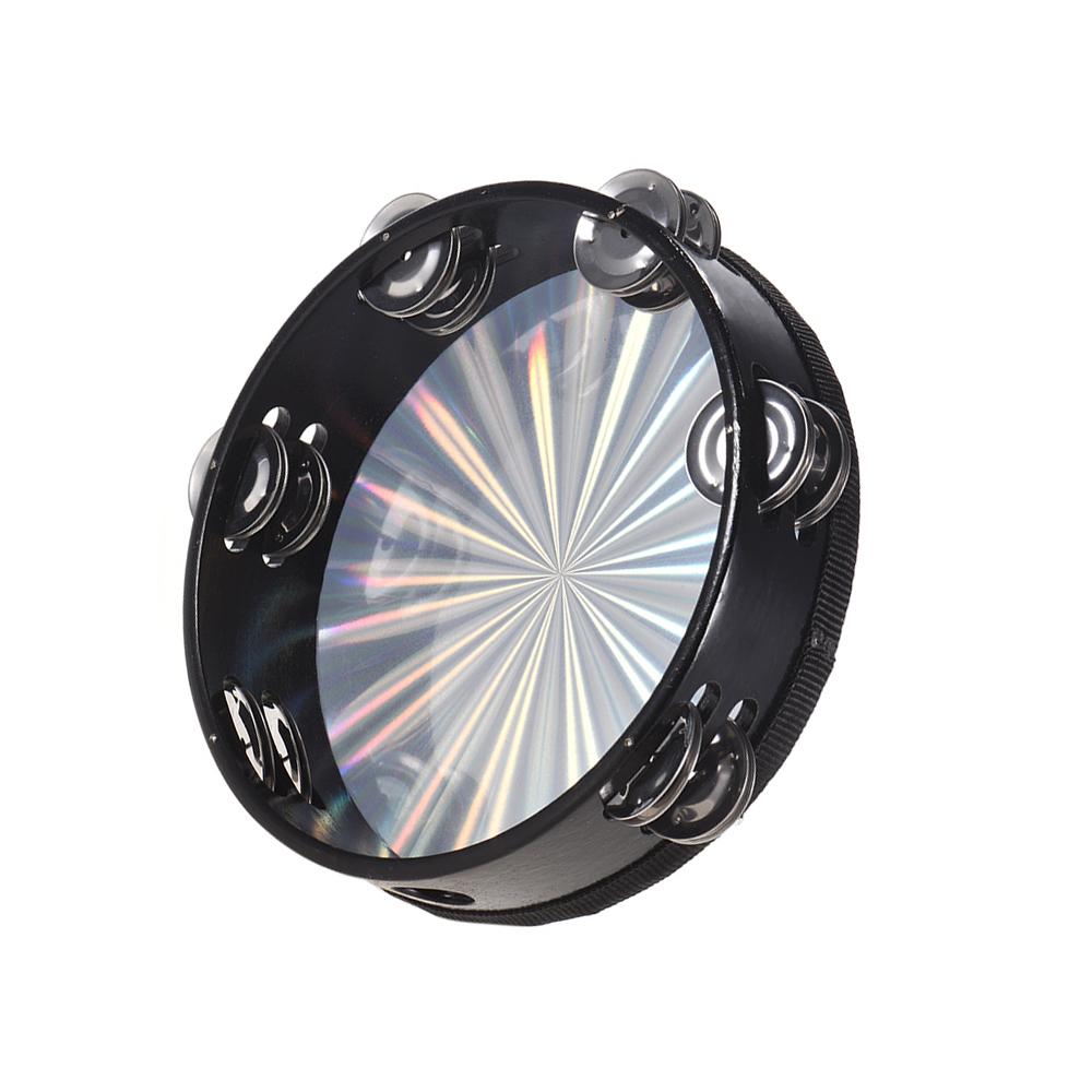 10 Inch Wooden Radiant Tambourine Handbell Hand Drum with Double Row Jingles Reflective Drum Head Musical Percussion Instrument