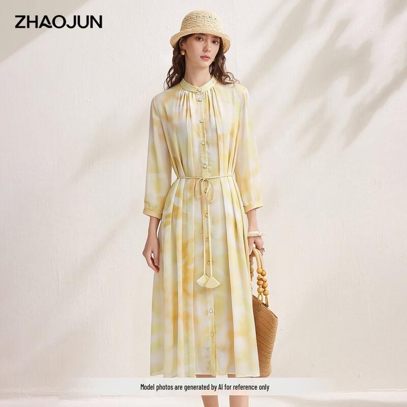 Zhaojun 2026 Silk Tie-Dye Stand-Collar Seven-Sleeve Dress M жёлтый