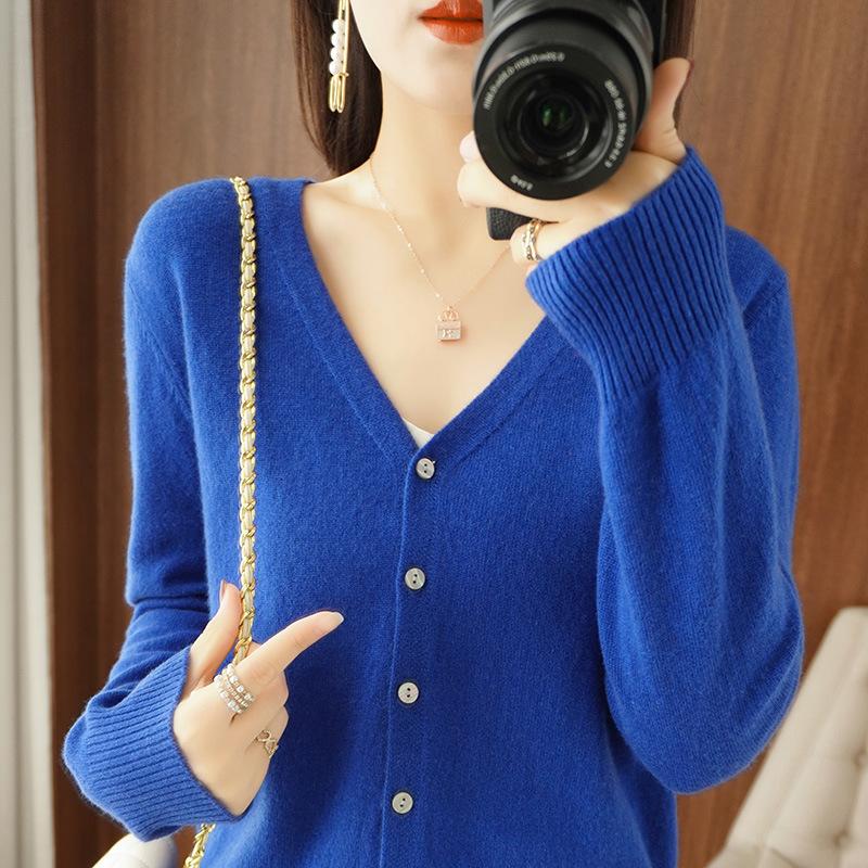 Suéteres de punto de lana de manga larga con cuello en V y estampado de colores sólidos para otoño e invierno para mujer