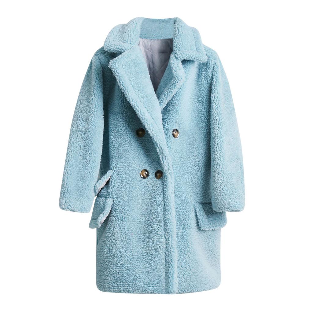 Fashion Women Solid Medium Turn-Down Collar Warm Plush Coat