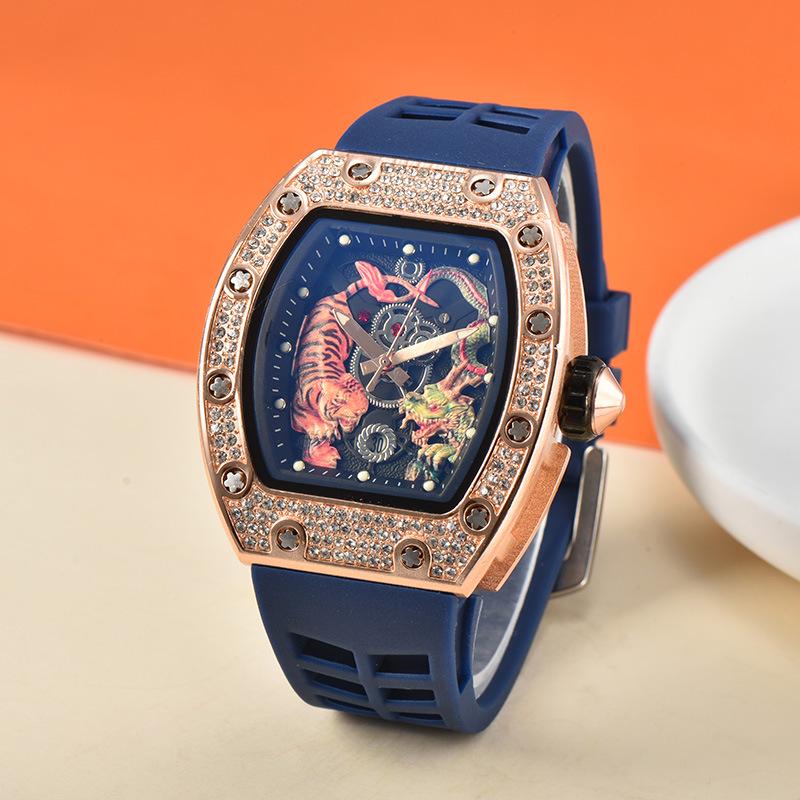 Men's Trendy Barrel-Shaped Full Diamond Quartz Watch with Calendar