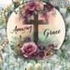Amazing Grace Cross Floral Wreath 2D Flat Metal Wall Decor Vintage Religious Plaque Pink Roses Christian Home Decoration 8x8 Inch
