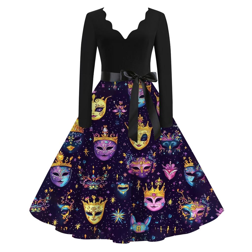 Women's Casual Fashion V-Neck Long Sleeve Carnival Print Vintage  Dress