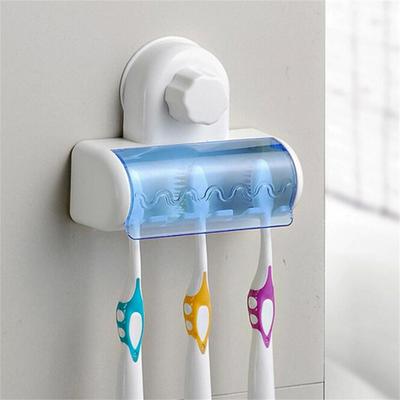 Suction Wall Toothbrush Holder Transparent Cover Strong Suction Cup Blue 6 Holes Bathroom Shelf Bathroom Accessories Wash Rack