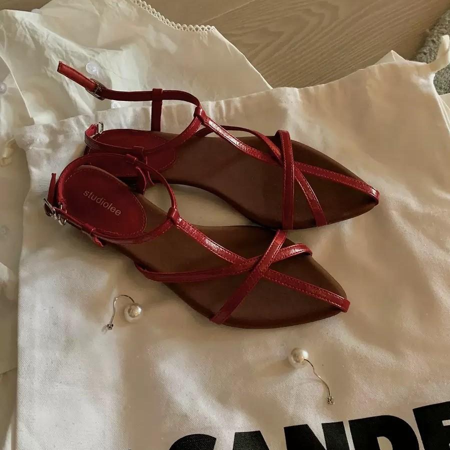 Sheepskin Version~ Retro Leather Cross Strap Roman Sandals Women's Summer Wear French Small Wedge Heel Pointed Sandals