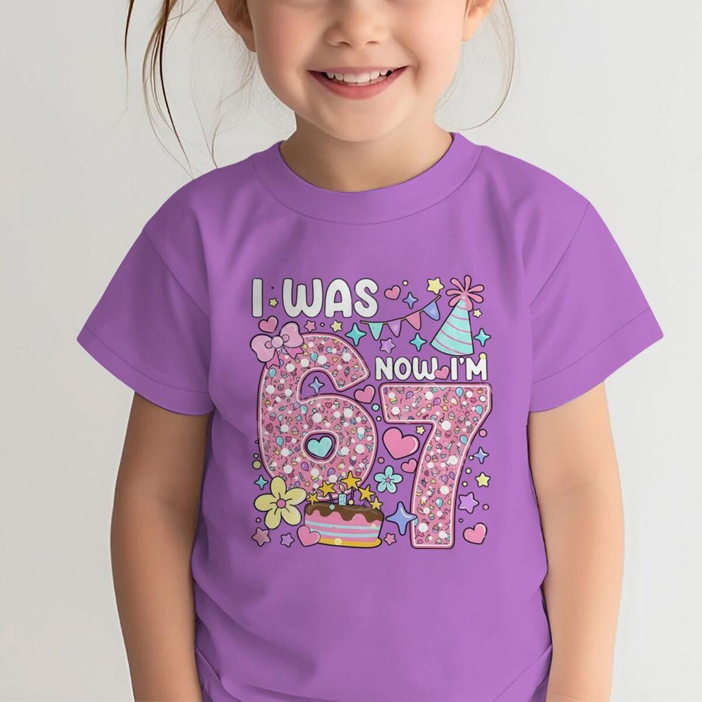 Girls I Was 6 Now I'm 7 T-shirt 7th Birthday Shirt Round Neck Short Sleeve Cotton Tee Age 7 Outfit Number Print Girls Clothes