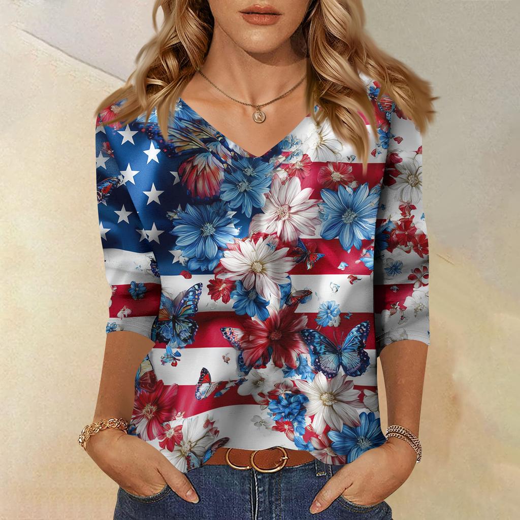 Women's Fashionable Casual Independence Day American Flag and Stars Print V-Neck Three-Quarter Sleeve T-Shirt Top