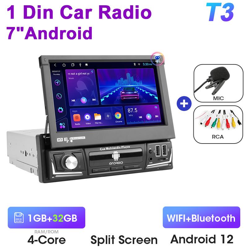 1 Din 7" Universal Car Radio Retractable Touch Screen Android 12 Multimedia Video Player Navigation GPS 4G Wireless Carplay Auto