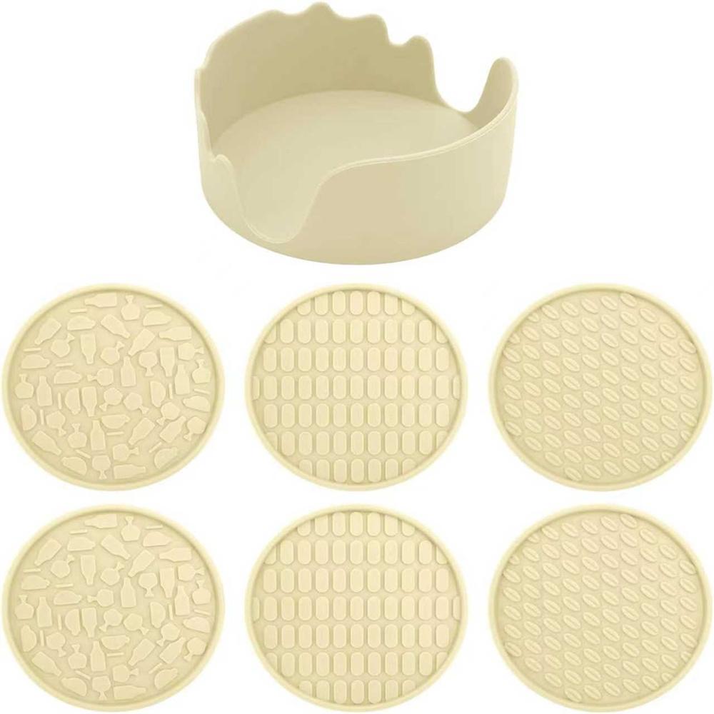 Silicone Drink Coasters with Holder, Set of 6, Outdoor Cup Mat for Hot or Cold Drinks, Thickened, Non-Slip,Non-Stick,