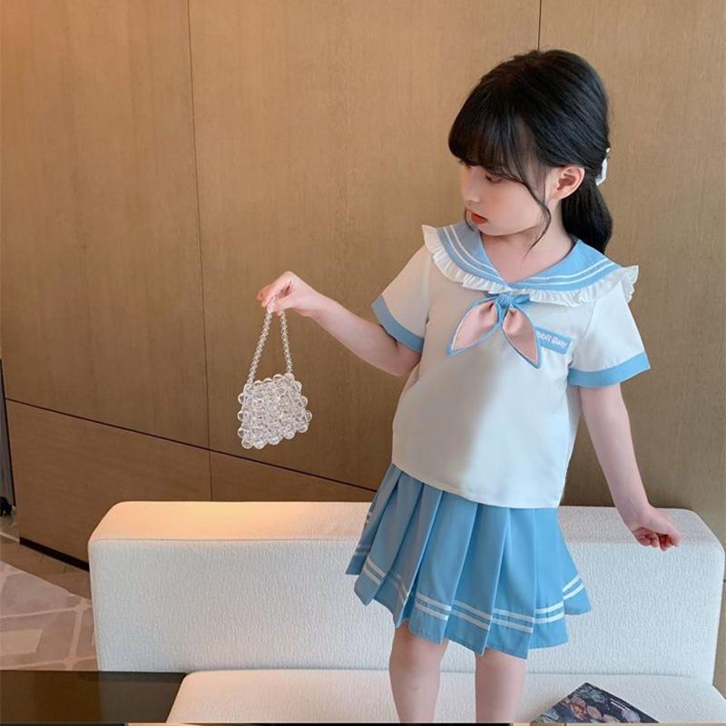 Summer Children Girls Student Set JK Mandarin Collar Tshirts and Pleated Skirts Kid Bottom