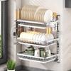 Wall-Mounted Stainless Steel Dish Rack, Punch-Free Kitchen Storage Shelf for Chopsticks, Bowls, Plates, and Drainage.