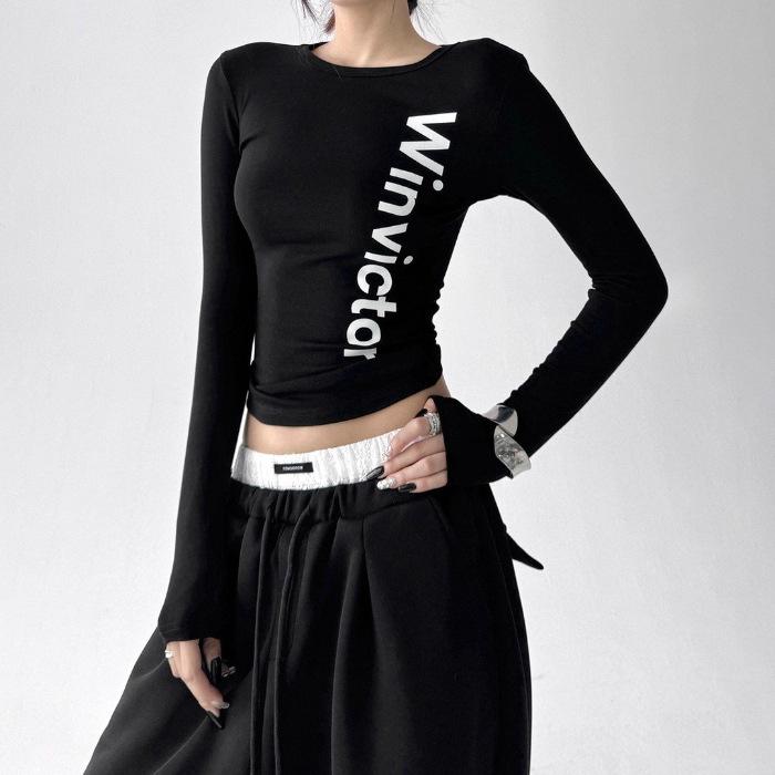 

Women s 2026 Slim-Fit American Spice Letter Print Long-Sleeve Top - Autumn/Winter Fashion Small чорний