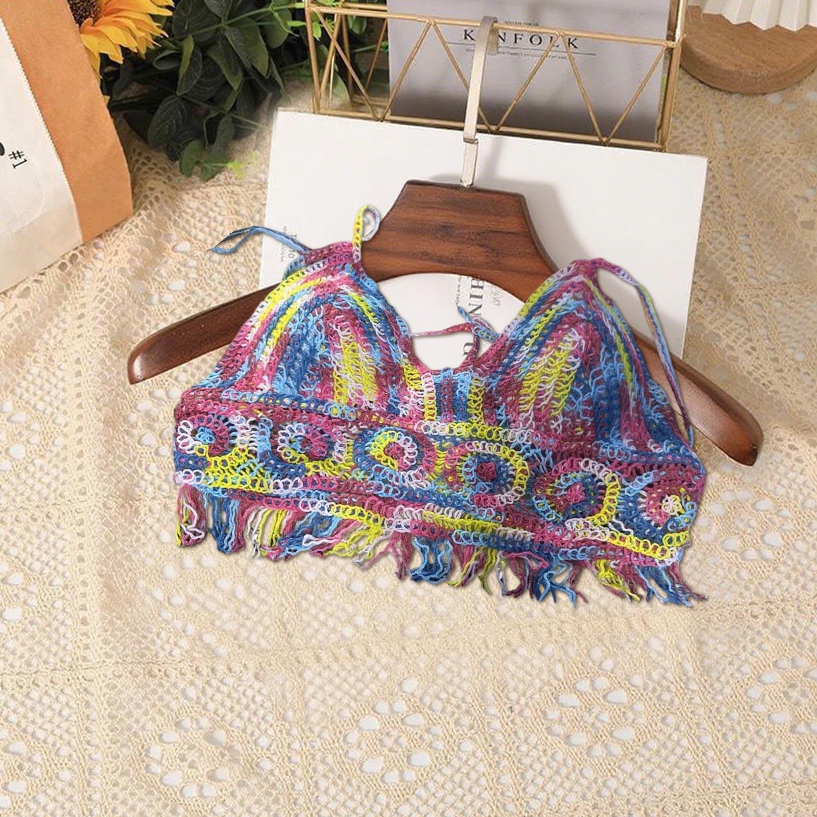 

Богемный жилет с вырезом на шее, короткий, с открытыми плечами, на бретелях, с нагрудными подушечками, топ, открытая спина, полый топ-труба, вышивка One Size